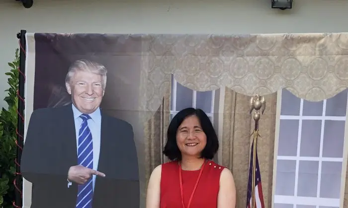 A cut-out of President Donald Trump and San Francisco mayoral candidate Ellen Lee Zhou, known as the "Chinese Donald Trump."